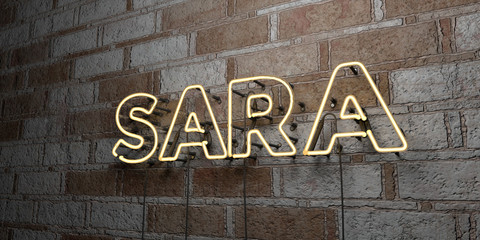 SARA - Glowing Neon Sign on stonework wall - 3D rendered royalty free stock illustration.  Can be used for online banner ads and direct mailers..