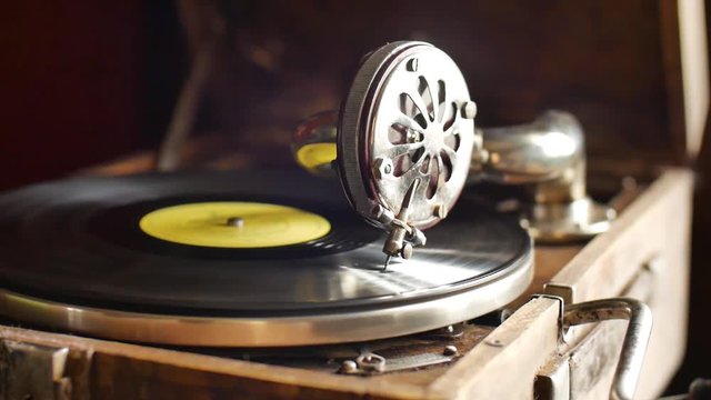 Loop-able Vintage Video of Old Gramophone, playing a record, close up slow motion shot