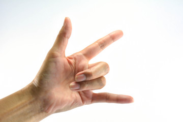 Hand of person love symbol on white background isolate