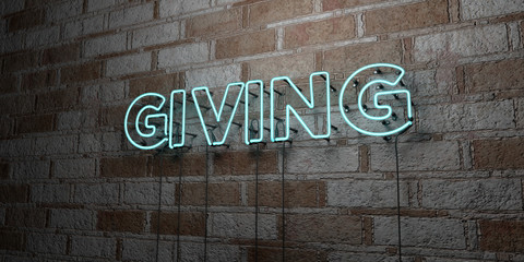 GIVING - Glowing Neon Sign on stonework wall - 3D rendered royalty free stock illustration.  Can be used for online banner ads and direct mailers..