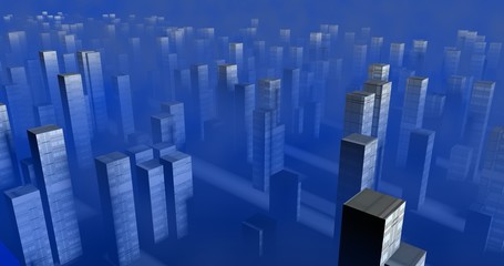 Stylized cubic 3d city , buildings, sky scrapers in light blue fog, mist. Objects have window / building textures. 3d render