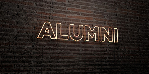 ALUMNI -Realistic Neon Sign on Brick Wall background - 3D rendered royalty free stock image. Can be used for online banner ads and direct mailers..