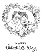 Hand-drawn sketch greeting card for Valentine's Day with cartoon happy old couple together. Seniors couple in love. Vector illustration.