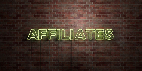 AFFILIATES - fluorescent Neon tube Sign on brickwork - Front view - 3D rendered royalty free stock picture. Can be used for online banner ads and direct mailers..