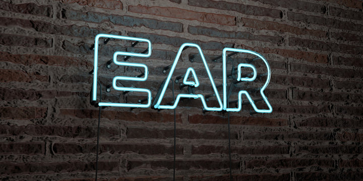 EAR -Realistic Neon Sign on Brick Wall background - 3D rendered royalty free stock image. Can be used for online banner ads and direct mailers..