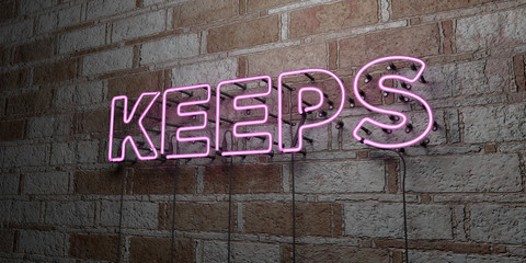 Fototapeta premium KEEPS - Glowing Neon Sign on stonework wall - 3D rendered royalty free stock illustration. Can be used for online banner ads and direct mailers..