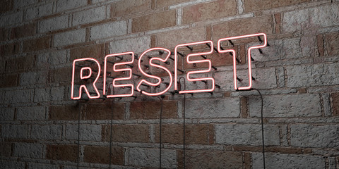 RESET - Glowing Neon Sign on stonework wall - 3D rendered royalty free stock illustration.  Can be used for online banner ads and direct mailers.. - obrazy, fototapety, plakaty