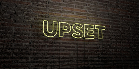 UPSET -Realistic Neon Sign on Brick Wall background - 3D rendered royalty free stock image. Can be used for online banner ads and direct mailers..