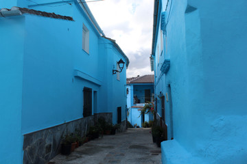 village with blue houses