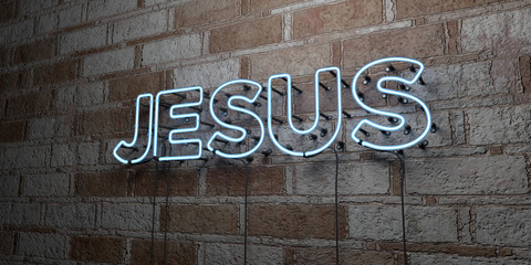 JESUS - Glowing Neon Sign on stonework wall - 3D rendered royalty free stock illustration.  Can be used for online banner ads and direct mailers..