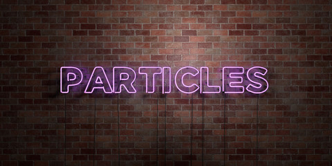 PARTICLES - fluorescent Neon tube Sign on brickwork - Front view - 3D rendered royalty free stock picture. Can be used for online banner ads and direct mailers..