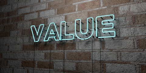 VALUE - Glowing Neon Sign on stonework wall - 3D rendered royalty free stock illustration.  Can be used for online banner ads and direct mailers..