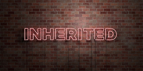 INHERITED - fluorescent Neon tube Sign on brickwork - Front view - 3D rendered royalty free stock picture. Can be used for online banner ads and direct mailers..
