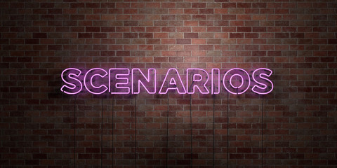SCENARIOS - fluorescent Neon tube Sign on brickwork - Front view - 3D rendered royalty free stock picture. Can be used for online banner ads and direct mailers..