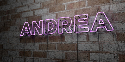 ANDREA - Glowing Neon Sign on stonework wall - 3D rendered royalty free stock illustration.  Can be used for online banner ads and direct mailers..