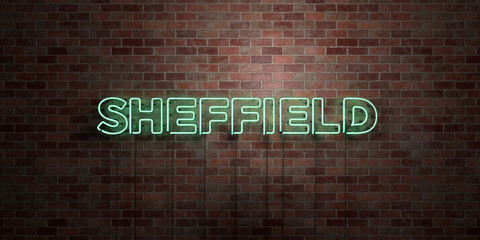 SHEFFIELD - fluorescent Neon tube Sign on brickwork - Front view - 3D rendered royalty free stock picture. Can be used for online banner ads and direct mailers..