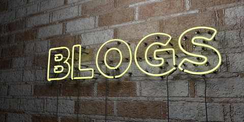 BLOGS - Glowing Neon Sign on stonework wall - 3D rendered royalty free stock illustration.  Can be used for online banner ads and direct mailers..