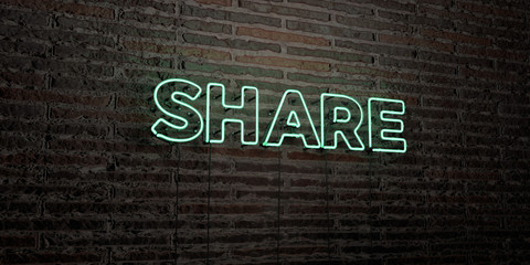 SHARE -Realistic Neon Sign on Brick Wall background - 3D rendered royalty free stock image. Can be used for online banner ads and direct mailers..