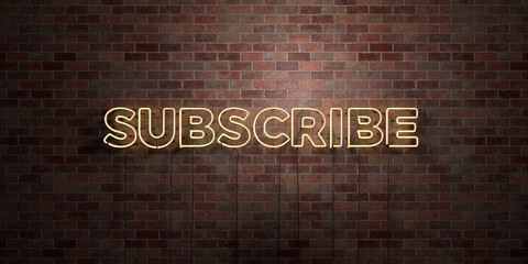 SUBSCRIBE - fluorescent Neon tube Sign on brickwork - Front view - 3D rendered royalty free stock picture. Can be used for online banner ads and direct mailers..
