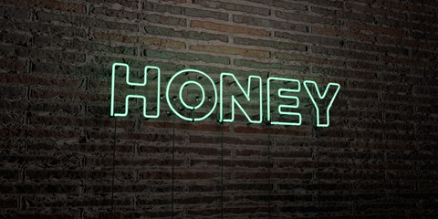 HONEY -Realistic Neon Sign on Brick Wall background - 3D rendered royalty free stock image. Can be used for online banner ads and direct mailers..