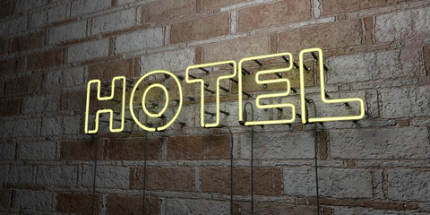 HOTEL - Glowing Neon Sign on stonework wall - 3D rendered royalty free stock illustration.  Can be used for online banner ads and direct mailers..