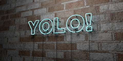 YOLO! - Glowing Neon Sign on stonework wall - 3D rendered royalty free stock illustration.  Can be used for online banner ads and direct mailers..