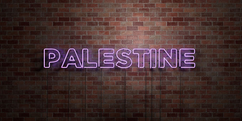 PALESTINE - fluorescent Neon tube Sign on brickwork - Front view - 3D rendered royalty free stock picture. Can be used for online banner ads and direct mailers..