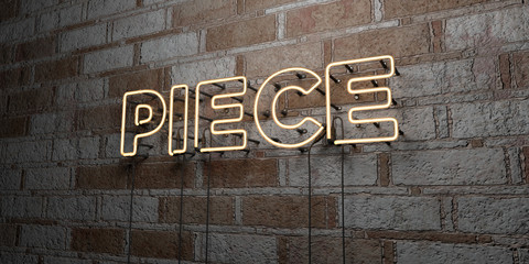 PIECE - Glowing Neon Sign on stonework wall - 3D rendered royalty free stock illustration.  Can be used for online banner ads and direct mailers..