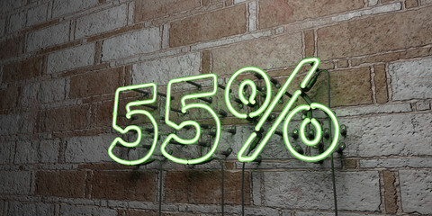 55% - Glowing Neon Sign on stonework wall - 3D rendered royalty free stock illustration.  Can be used for online banner ads and direct mailers..