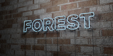 FOREST - Glowing Neon Sign on stonework wall - 3D rendered royalty free stock illustration.  Can be used for online banner ads and direct mailers..