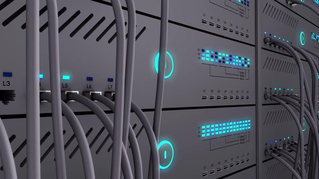Server. Realistic LED. Working data servers. Camera moves to the right.