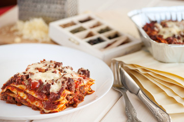 traditional italian lasagna with minced beef bolognese sauce