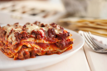 traditional italian lasagna with minced beef bolognese sauce
