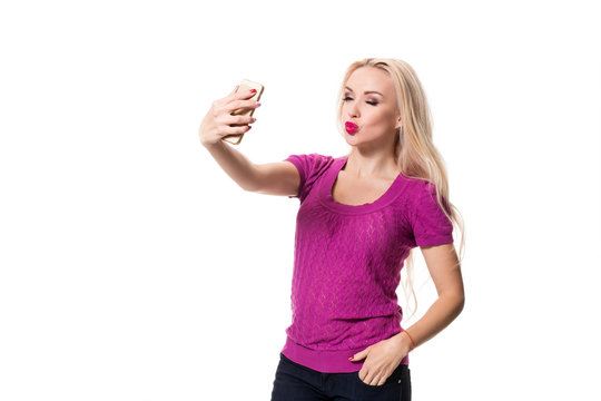 blonde doing selfie on isolated white background