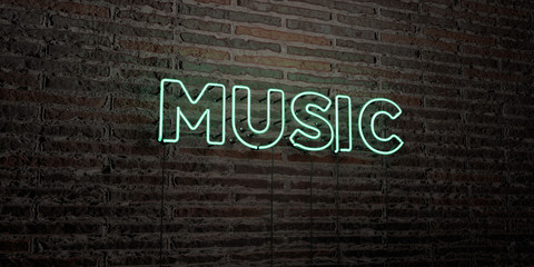 MUSIC -Realistic Neon Sign on Brick Wall background - 3D rendered royalty free stock image. Can be used for online banner ads and direct mailers..