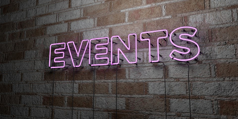 EVENTS - Glowing Neon Sign on stonework wall - 3D rendered royalty free stock illustration.  Can be used for online banner ads and direct mailers..