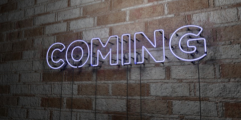 COMING - Glowing Neon Sign on stonework wall - 3D rendered royalty free stock illustration.  Can be used for online banner ads and direct mailers..