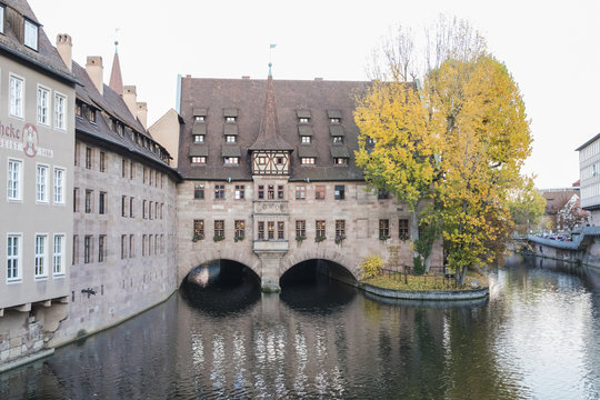 The riverside of Pegnitz river in Nuremberg town..