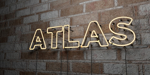 ATLAS - Glowing Neon Sign on stonework wall - 3D rendered royalty free stock illustration.  Can be used for online banner ads and direct mailers..