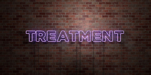 TREATMENT - fluorescent Neon tube Sign on brickwork - Front view - 3D rendered royalty free stock picture. Can be used for online banner ads and direct mailers..