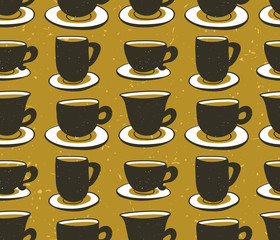 Obraz premium Stylish illustration with cups of coffee. Vector seamless pattern. Hipster design. Vector background with space elements.