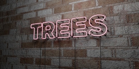 TREES - Glowing Neon Sign on stonework wall - 3D rendered royalty free stock illustration.  Can be used for online banner ads and direct mailers..