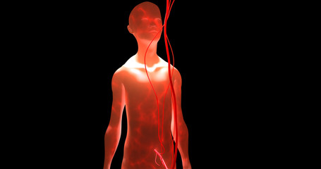 Glowing transparent genetically engineered human child with umbilical cords. 3d render