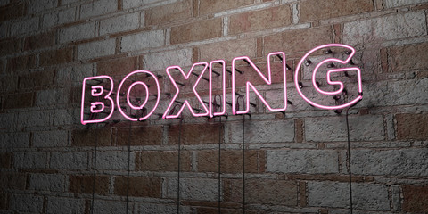 BOXING - Glowing Neon Sign on stonework wall - 3D rendered royalty free stock illustration.  Can be used for online banner ads and direct mailers..