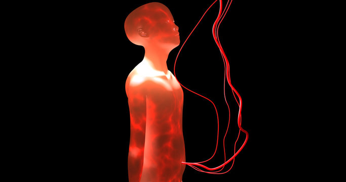 Glowing transparent genetically engineered human child with umbilical cords. 3d render