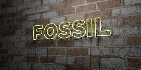 FOSSIL - Glowing Neon Sign on stonework wall - 3D rendered royalty free stock illustration.  Can be used for online banner ads and direct mailers..