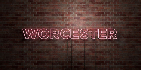 WORCESTER - fluorescent Neon tube Sign on brickwork - Front view - 3D rendered royalty free stock picture. Can be used for online banner ads and direct mailers..