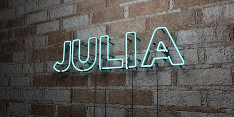 JULIA - Glowing Neon Sign on stonework wall - 3D rendered royalty free stock illustration.  Can be used for online banner ads and direct mailers.. - obrazy, fototapety, plakaty