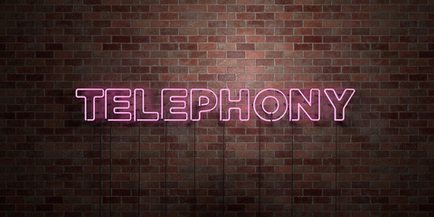 TELEPHONY - fluorescent Neon tube Sign on brickwork - Front view - 3D rendered royalty free stock picture. Can be used for online banner ads and direct mailers..