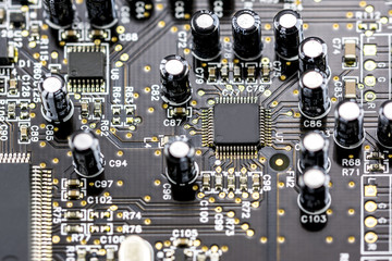 Close up photograph of an old computer sound card circuit board